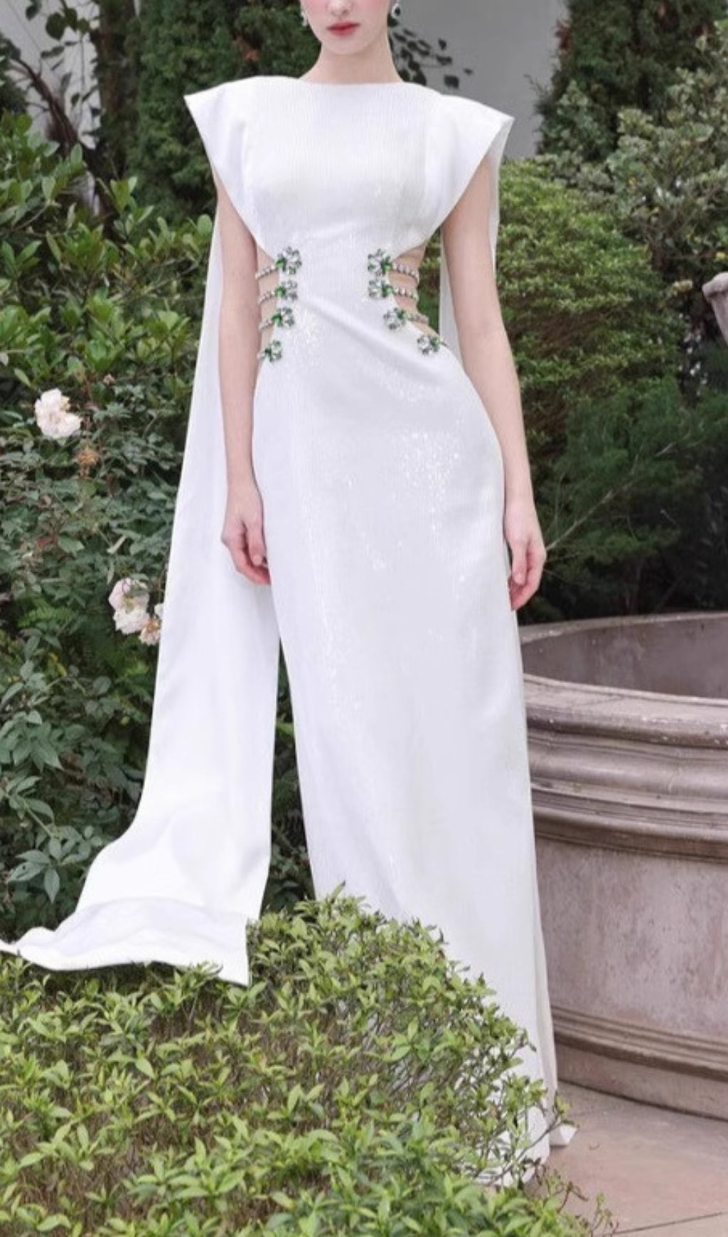 Chenoa White Sparkling Cutout Maxi Dress with Elegant Cape Sleeves