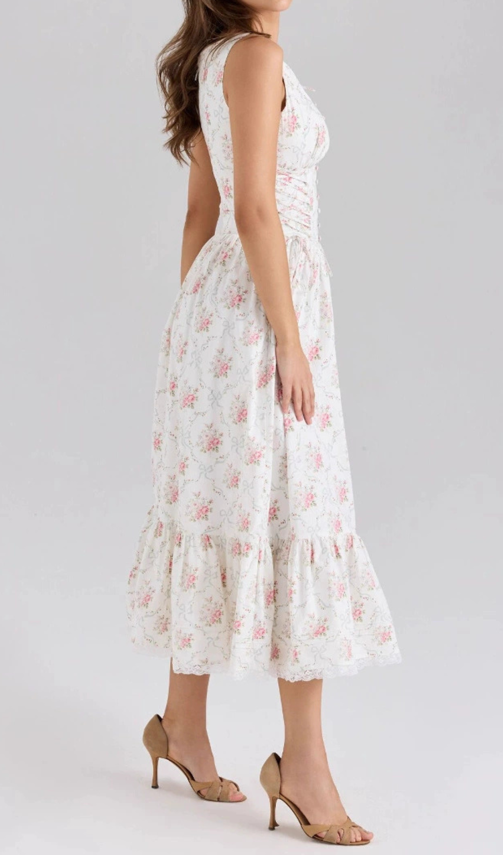 Haruhi Romantic Floral & Ribbon Sleeveless Midi Dress with Lace Trim