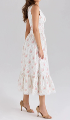 Haruhi Romantic Floral & Ribbon Sleeveless Midi Dress with Lace Trim