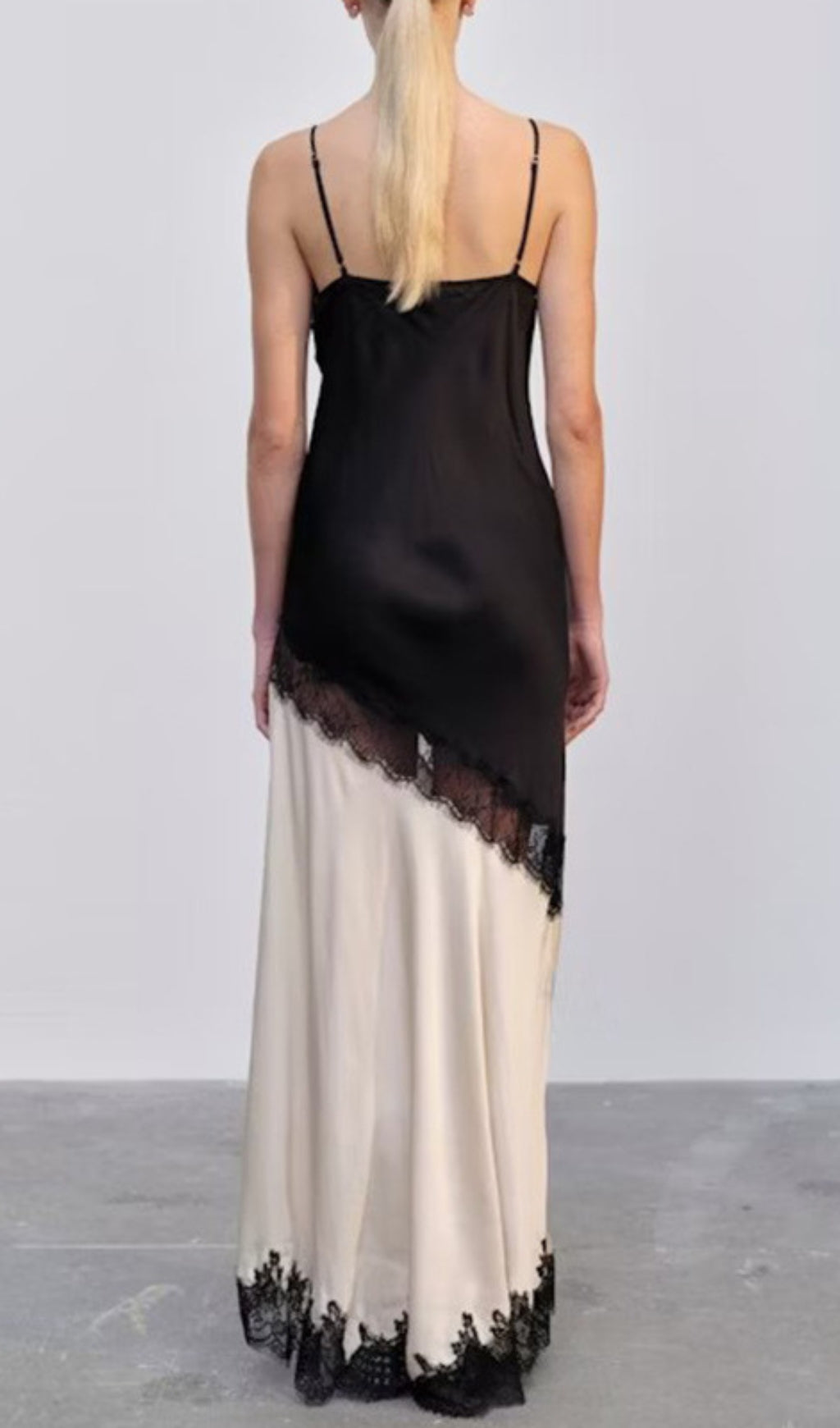 Chic Black & Cream Lace Trim Maxi Slip Dress