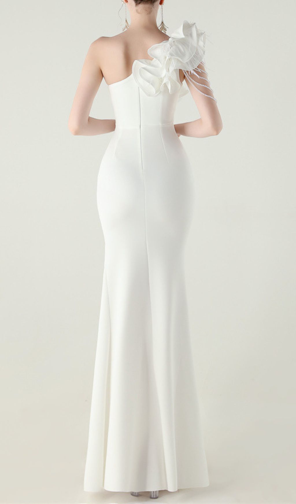 Ijlal Glamorous White One-Shoulder Ruffle Slit Maxi Dress
