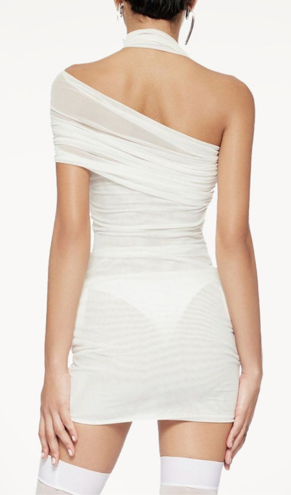 Elese White 3D Floral Ruched Mesh Halter Mini Dress