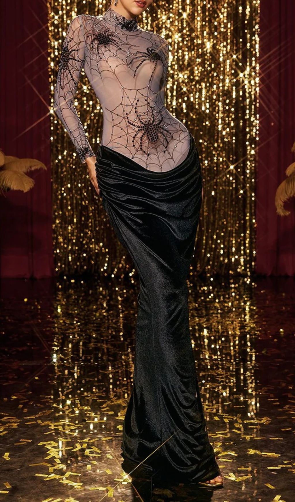 Kjartan Glamorous High Neck Spider Web Velvet Maxi Dress