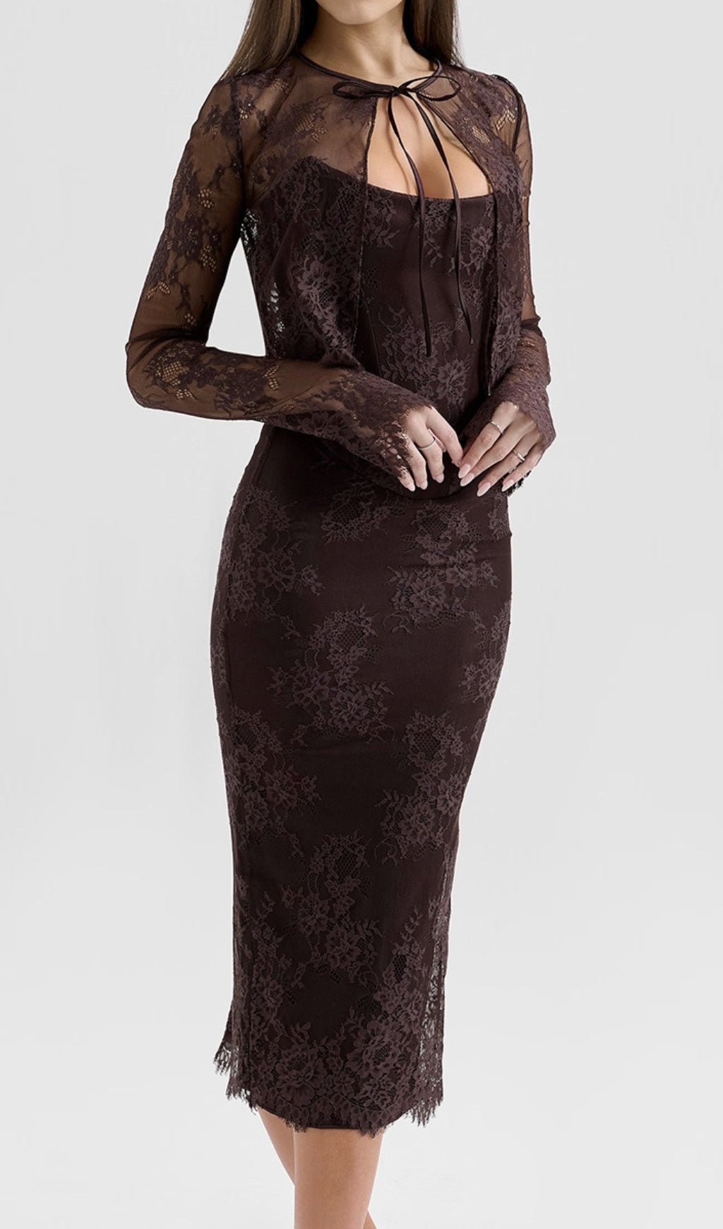 Deza Luxe Chocolate Lace Corset Midi Dress & Matching Bolero Set