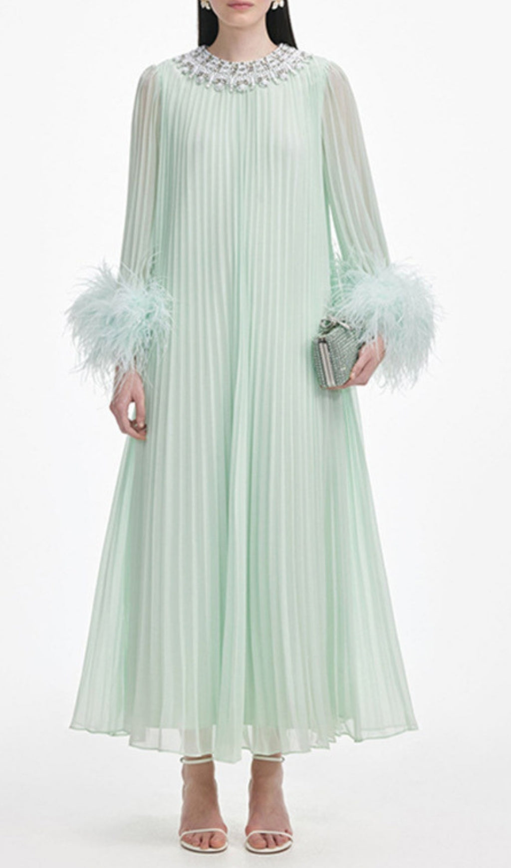 Felipe Mint Green Embellished Maxi Gown with Feather Cuffs