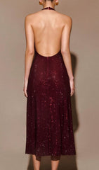 Jayne Dazzling Red Sequin Halter Backless Midi Dress