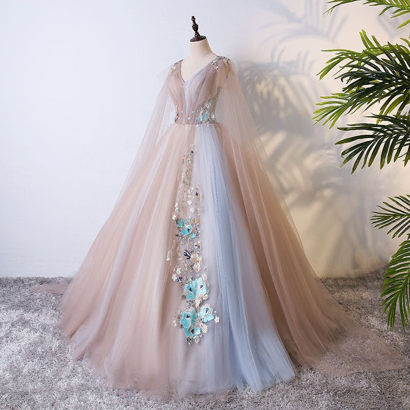 Precioso vestido de fiesta largo de tul con escote en V 