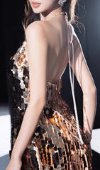 Chanita Gold Sequin Backless Halter Mini Dress