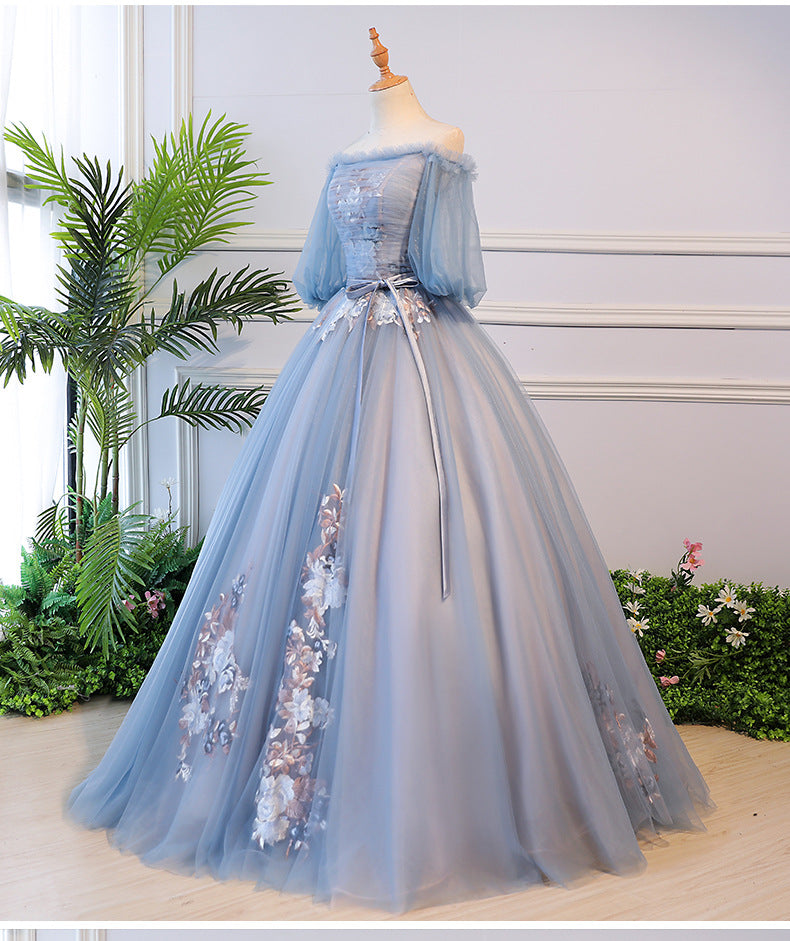 Beautiful Blue Tulle Off Shoulder with Lace Floral Long Party Dress
