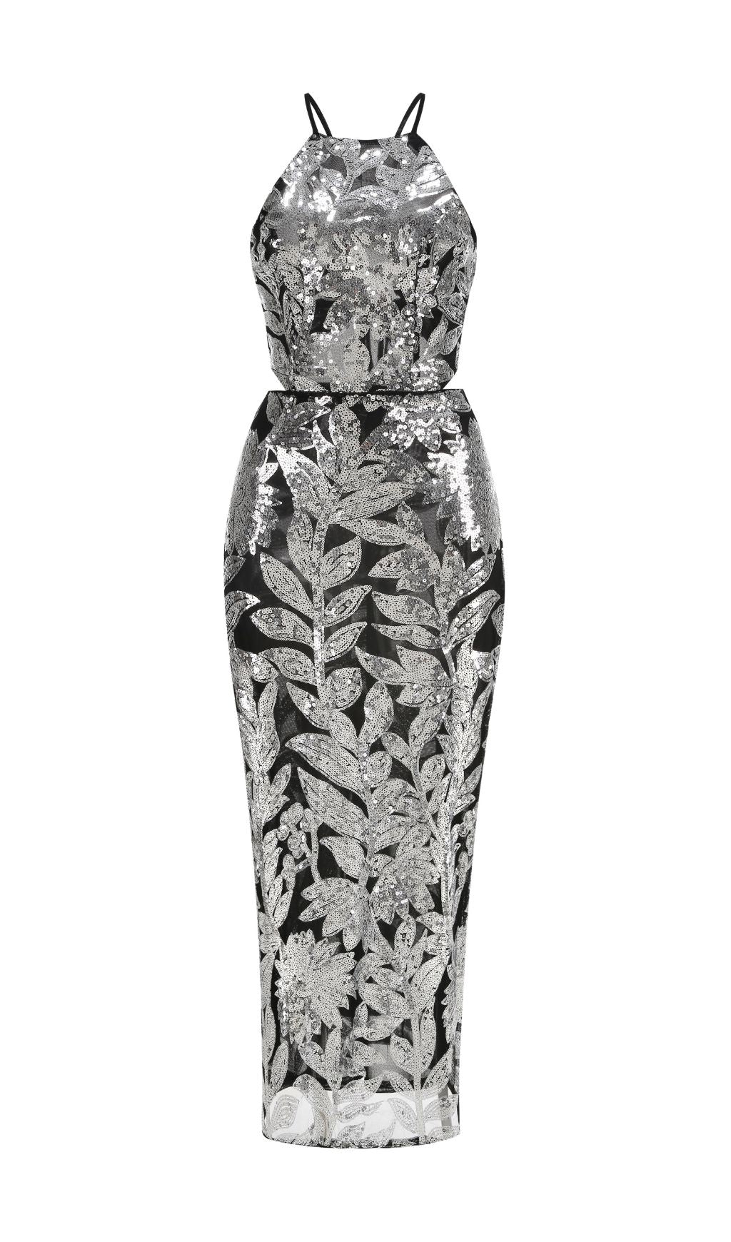 Glamorous Gabe Sequin Floral Halter Cut-Out Backless Maxi Dress
