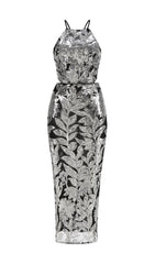 Glamorous Gabe Sequin Floral Halter Cut-Out Backless Maxi Dress