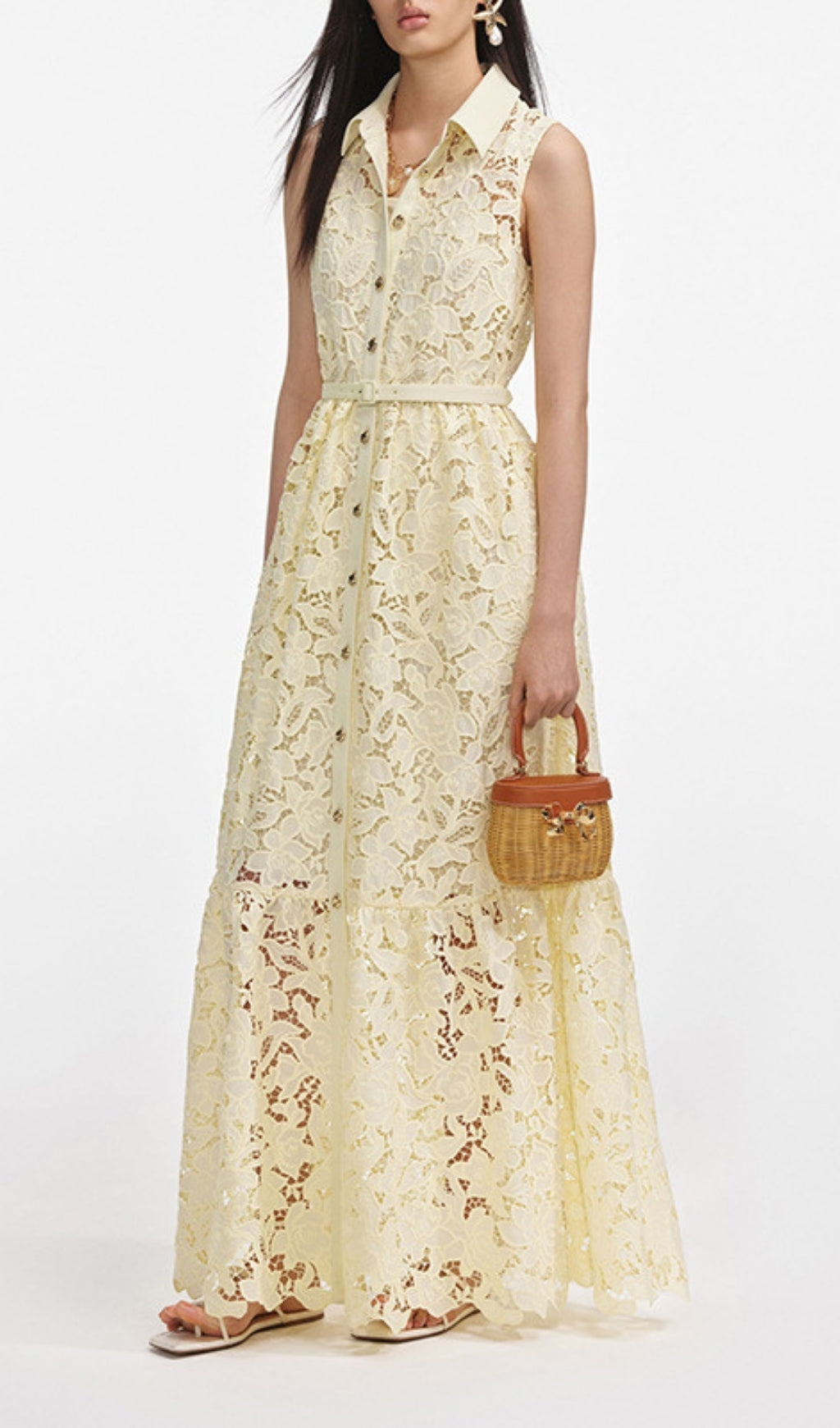 Elegant Lemon Yellow Sleeveless Lace Maxi Shirtdress with Belt