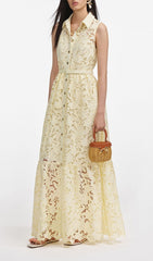 Elegant Lemon Yellow Sleeveless Lace Maxi Shirtdress with Belt
