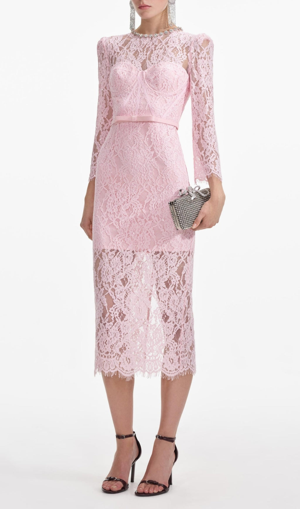 Exquisite Pink Lace Bustier Midi Dress