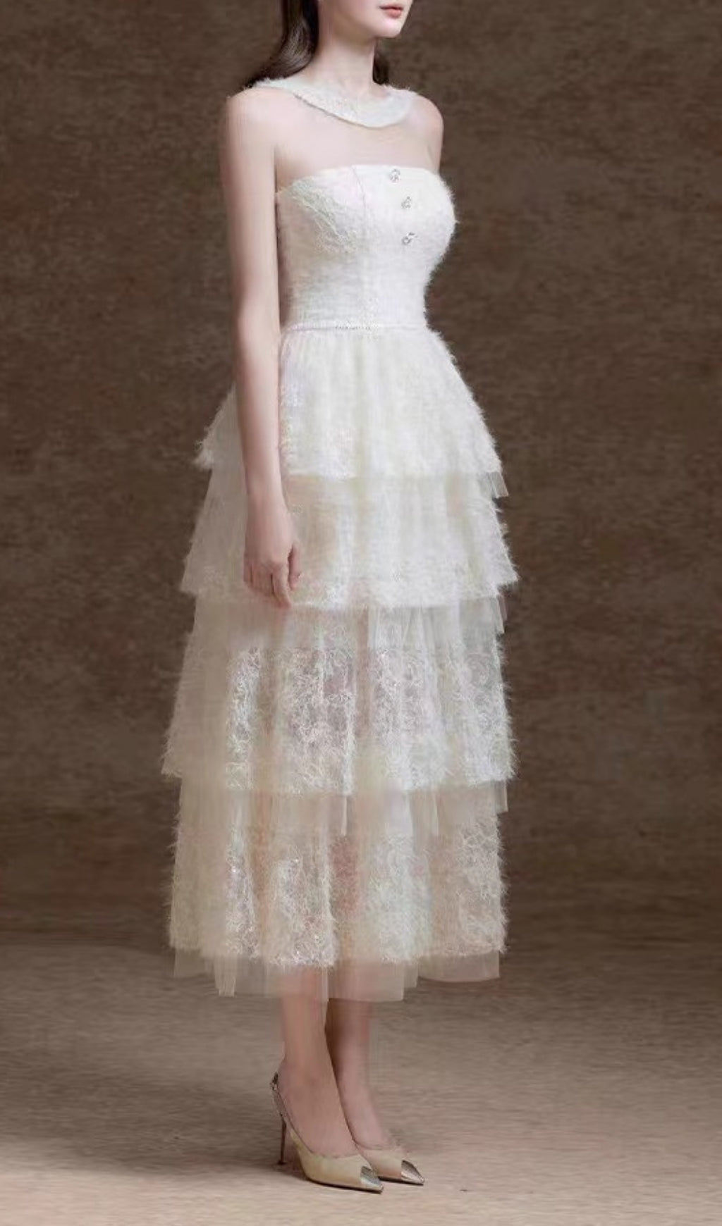 Elfreda White Tiered Lace Midi Dress with Illusion Neckline