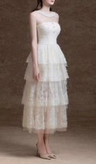 Elfreda White Tiered Lace Midi Dress with Illusion Neckline