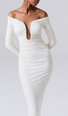 Coryn White Off-Shoulder Plunge Neck Ruched Bodycon Midi Dress