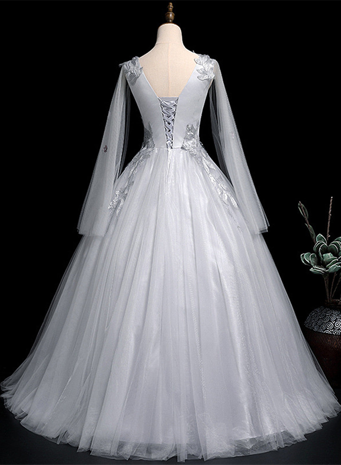 Grey V-neckline Ball Gown with Lace and Flowers Party Dress