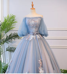 Beautiful Blue Tulle Off Shoulder with Lace Floral Long Party Dress