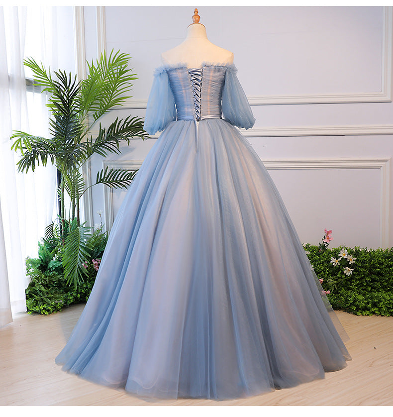 Beautiful Blue Tulle Off Shoulder with Lace Floral Long Party Dress