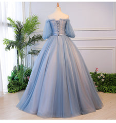 Beautiful Blue Tulle Off Shoulder with Lace Floral Long Party Dress