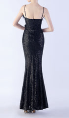Chroma Black Sequin Feather High-Slit Maxi Dress