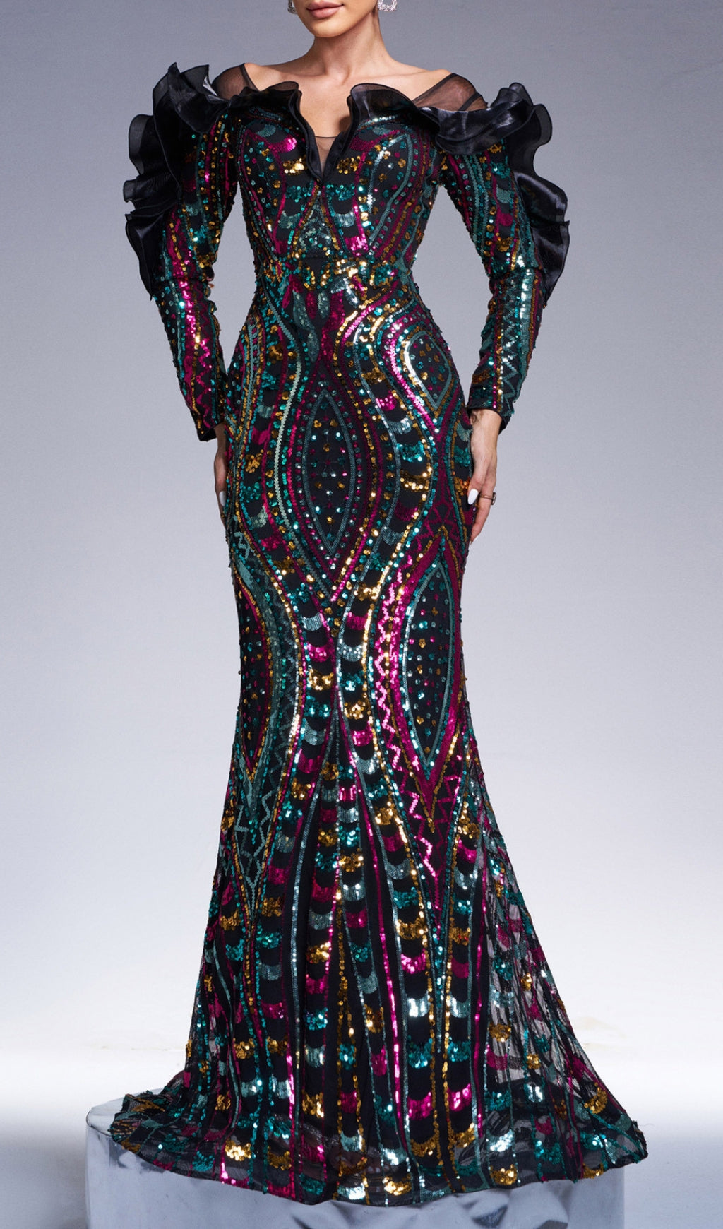 Charlize Dazzling Multi-Color Sequin Long Sleeve Maxi Dress
