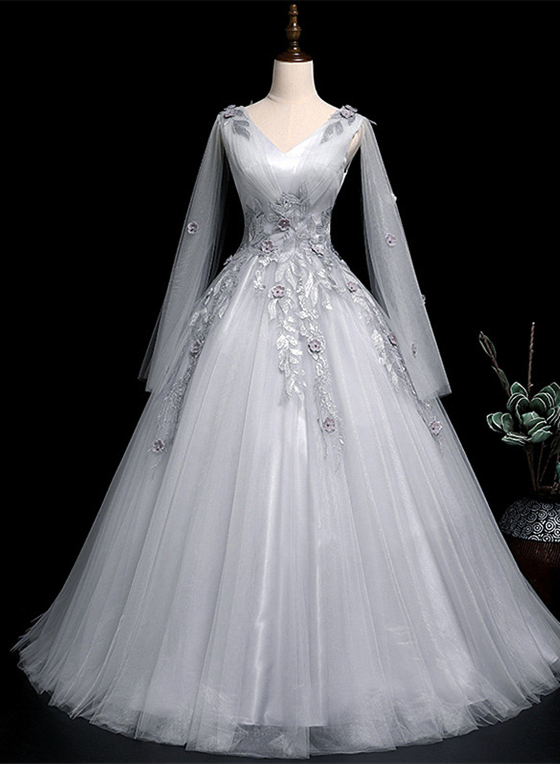 Grey V-neckline Ball Gown with Lace and Flowers Party Dress