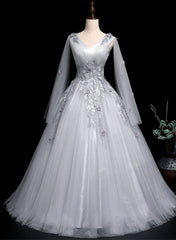 Grey V-neckline Ball Gown with Lace and Flowers Party Dress