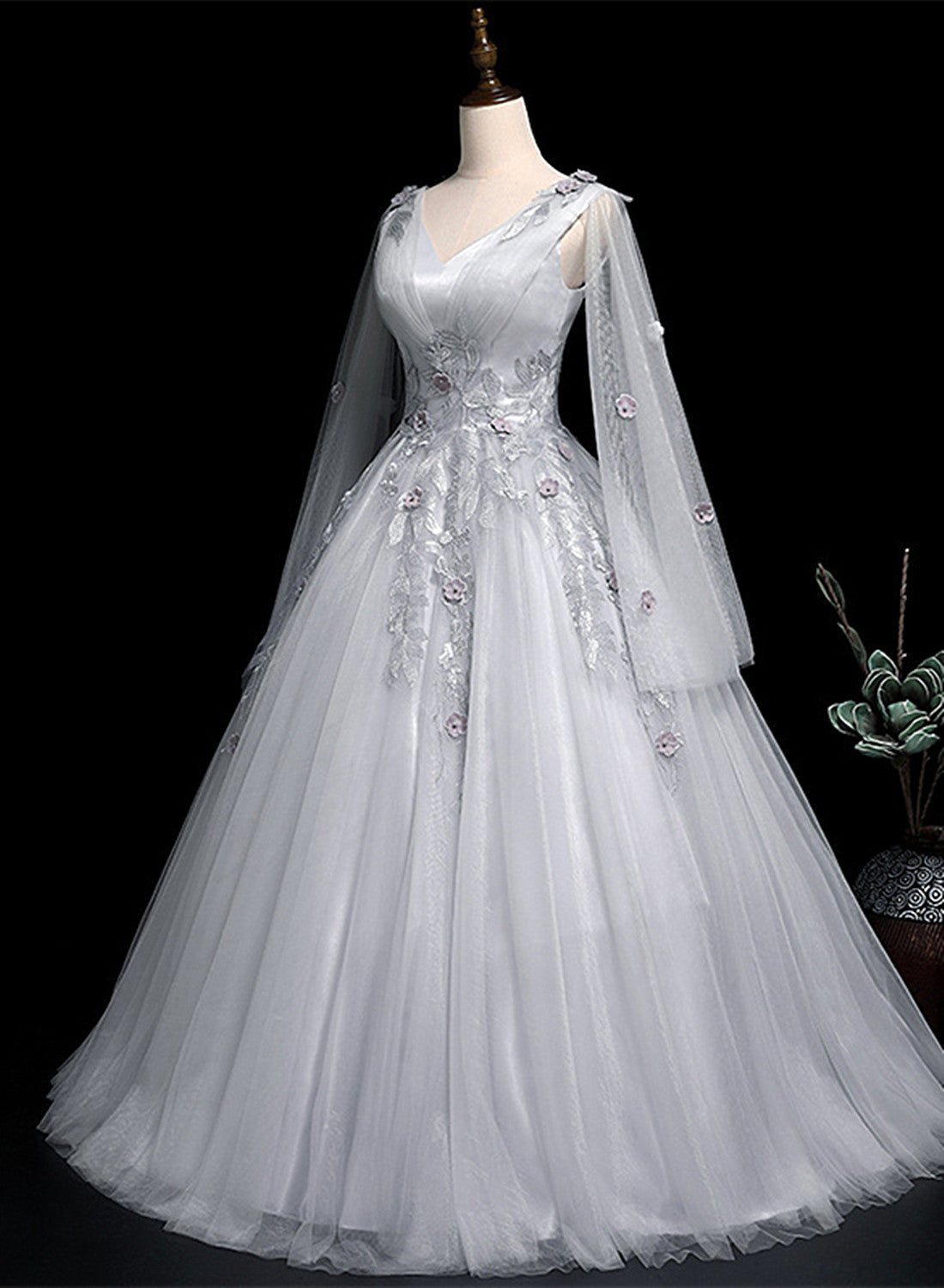 Grey V-neckline Ball Gown with Lace and Flowers Party Dress