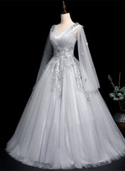 Grey V-neckline Ball Gown with Lace and Flowers Party Dress