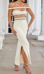 Sparkling Dominica Ivory Crystal Halter Bardot Maxi Gown