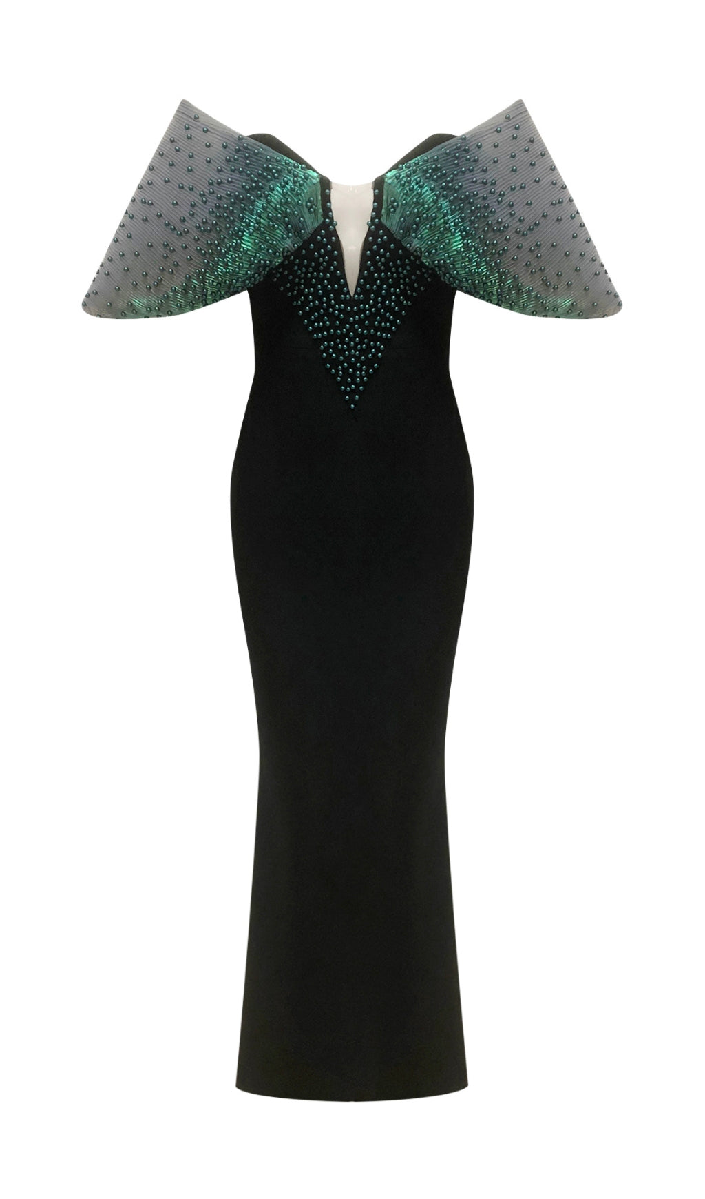 Glamorous Green & Black Bardot Beaded Maxi Gown