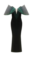 Glamorous Green & Black Bardot Beaded Maxi Gown