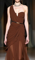 Eachna Allure Coffee Brown One-Shoulder Draped Mesh Maxi Dress