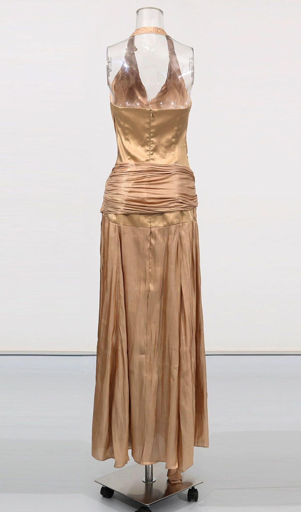 Evonnia Luxe Gold Halter V-Neck Ruched Maxi Gown