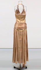 Evonnia Luxe Gold Halter V-Neck Ruched Maxi Gown