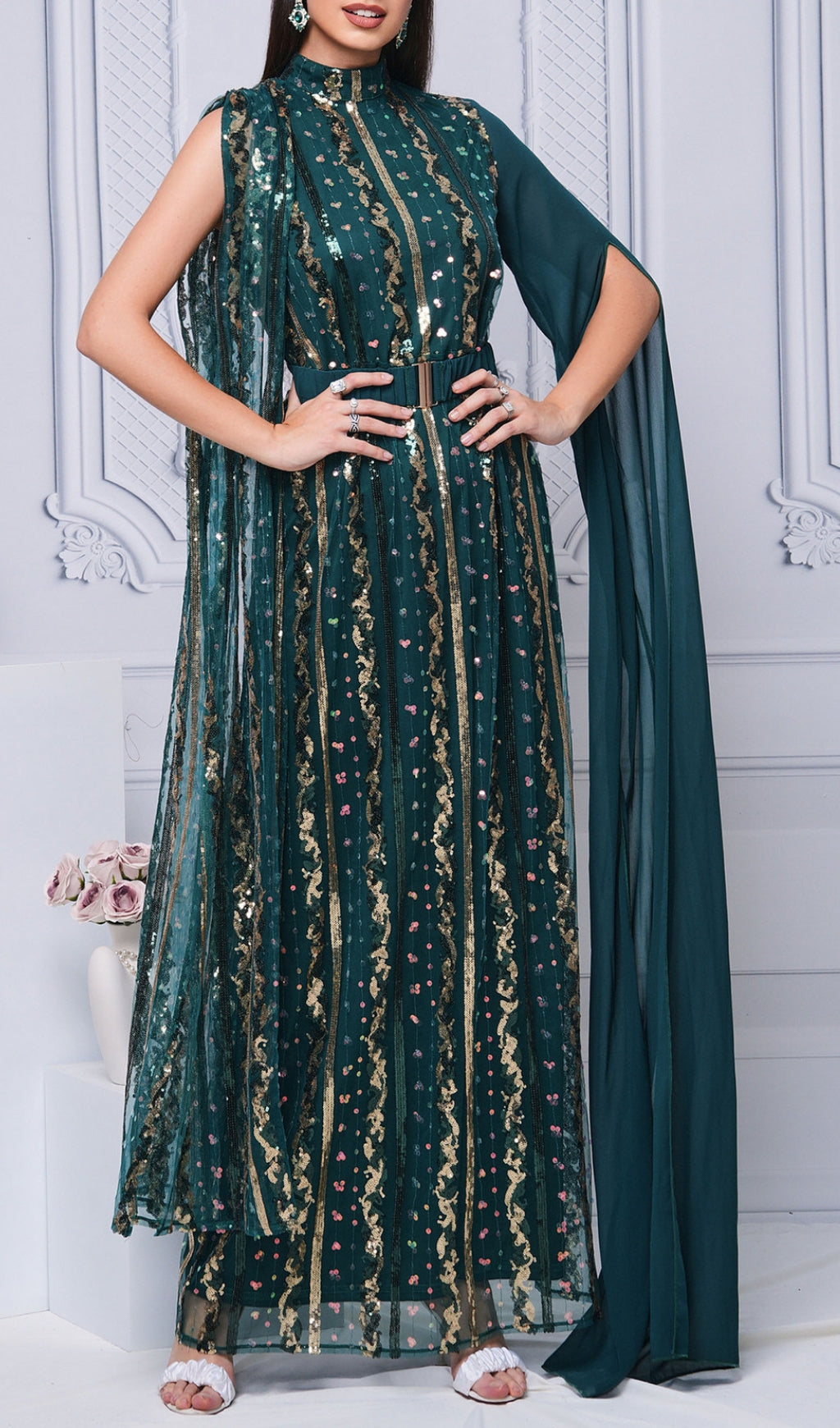 Dazzling Emerald Sequin Mesh Maxi Dress