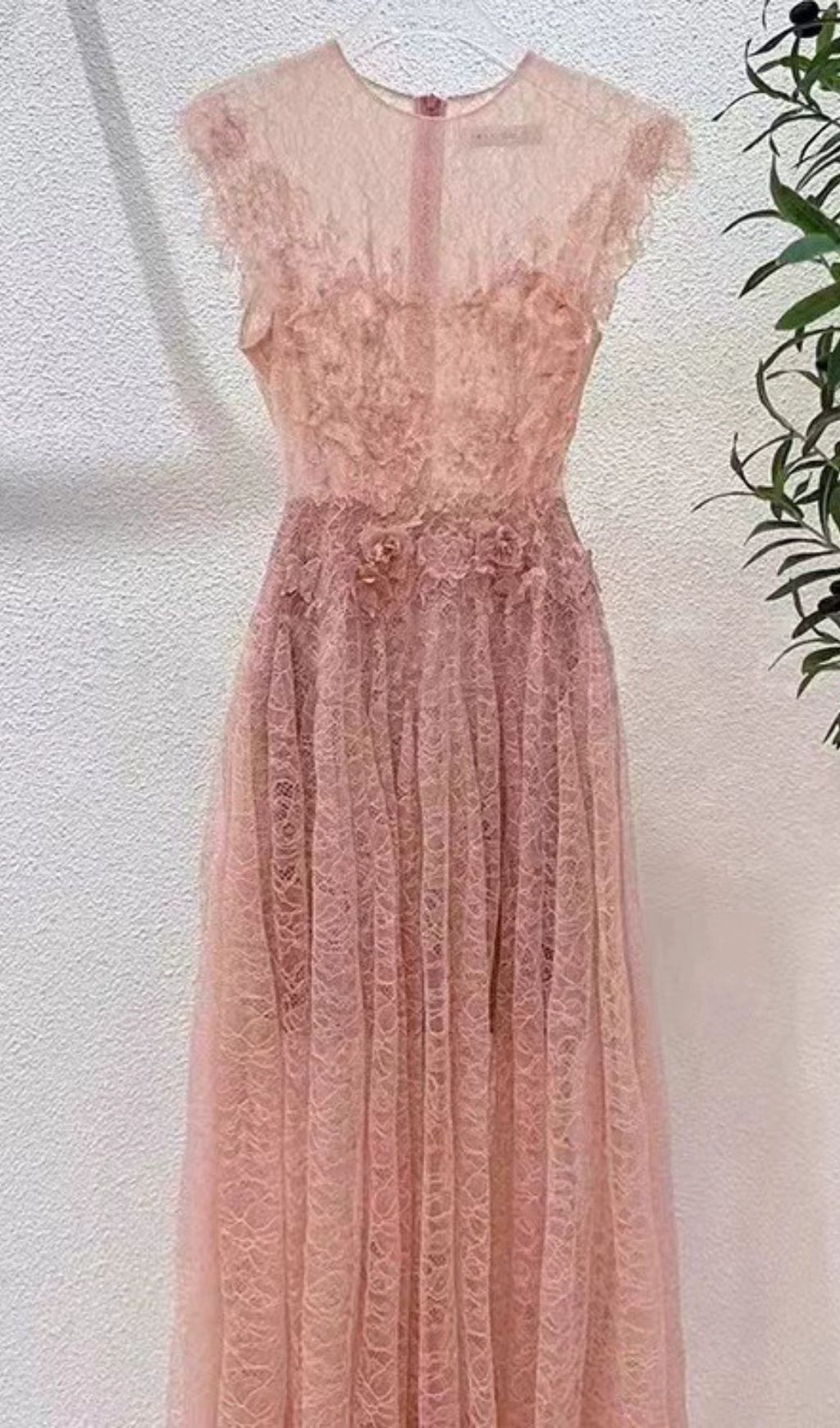 Hisaye Enchanting Lace & Mesh Pleated Midi Dress