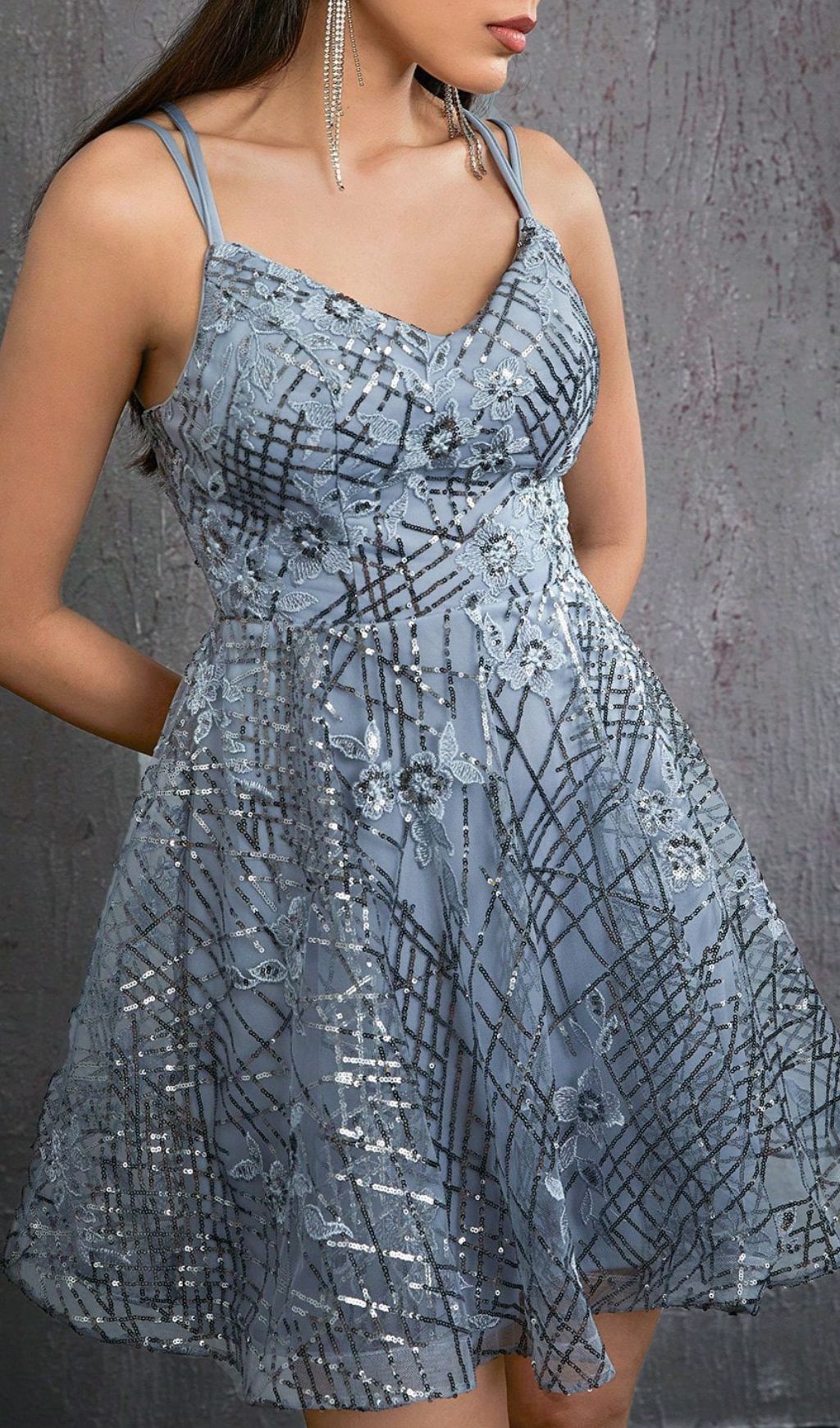 Harumi Luxe Grey Sequin & Floral Embroidery Strappy Mini Dress