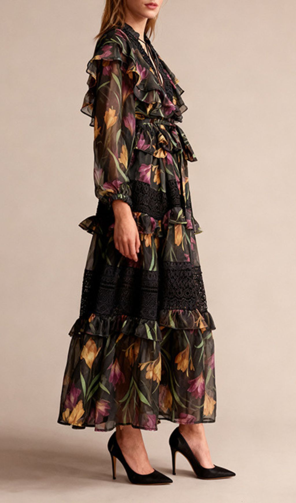 Imagine Floral Ruffle & Lace Tiered Long Sleeve Midi Dress