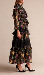 Imagine Floral Ruffle & Lace Tiered Long Sleeve Midi Dress