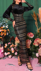 Chalise Glamorous Gold Sequin & Velvet Long Sleeve Maxi Dress