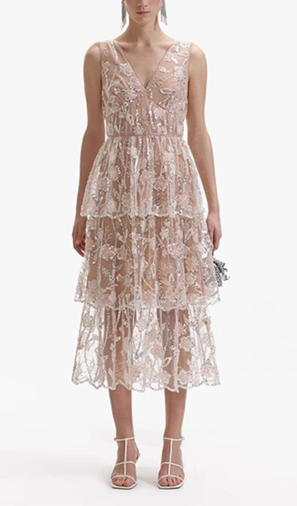 Eartha V-Neck Embroidered Sequin Midi Dress