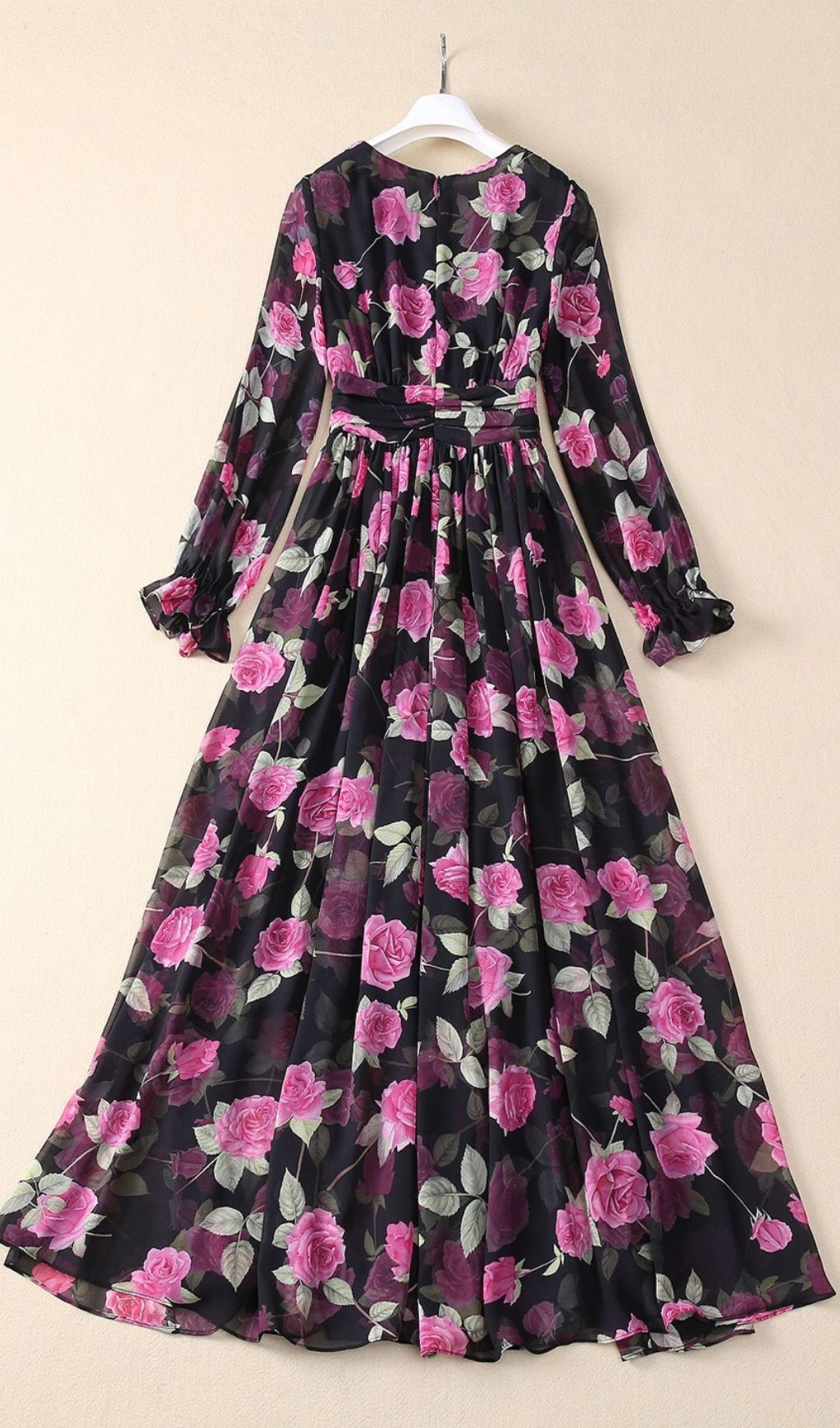 Romantic Pink Rose Floral Long Sleeve Maxi Dress