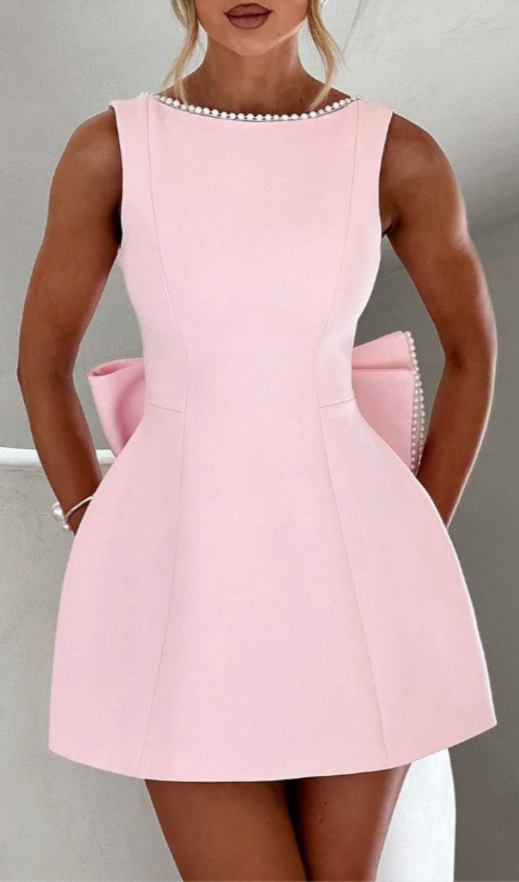 Eimear Pink Pearl Bow Backless Mini Dress