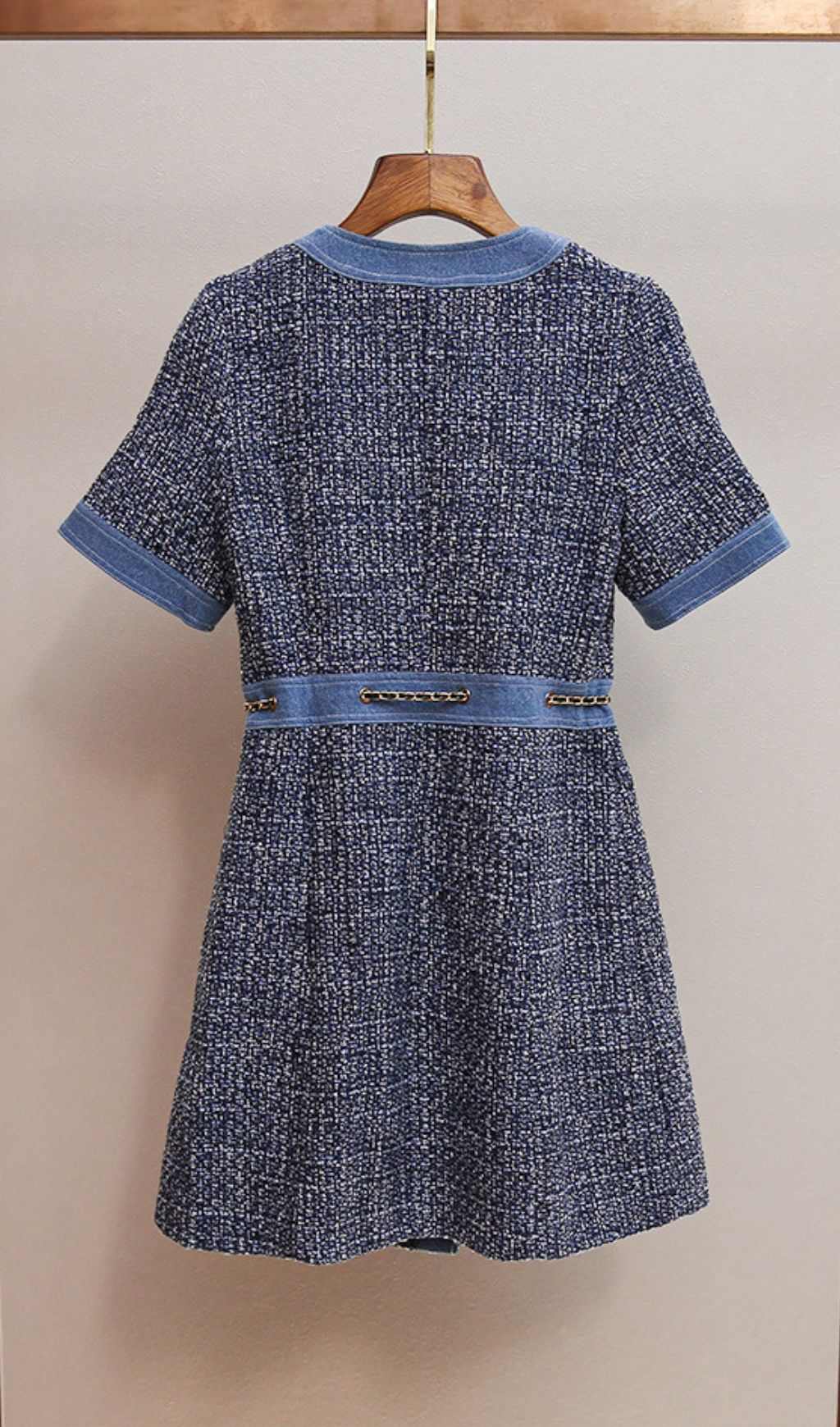 Chic Tweed & Denim Mini Dress with Gold Chain Accents