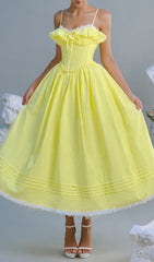 Finna Sunshine Yellow Ruffle Corset Midi Dress
