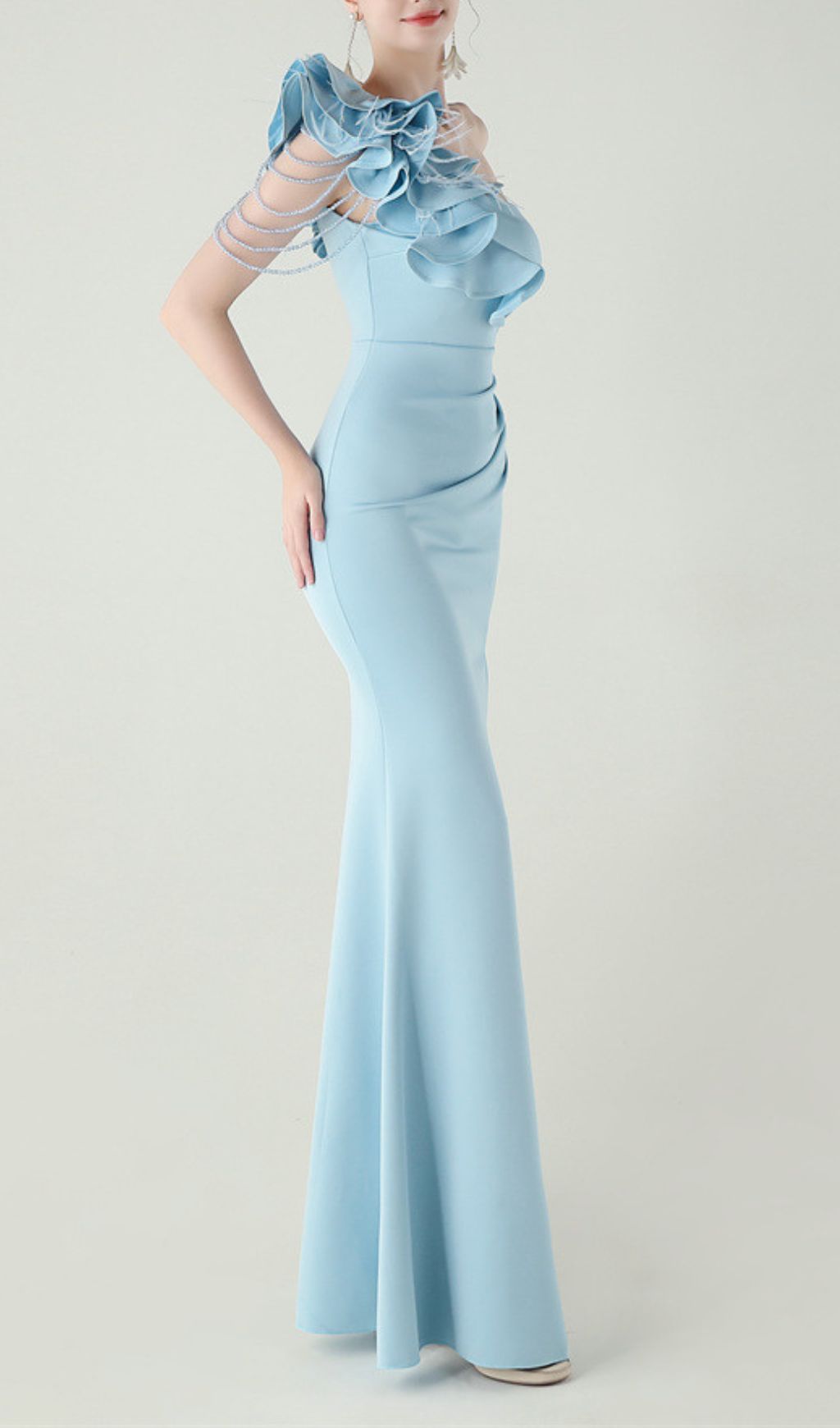 Ijlal Sky Blue One-Shoulder Ruffle Maxi Gown with Slit