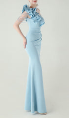Ijlal Sky Blue One-Shoulder Ruffle Maxi Gown with Slit